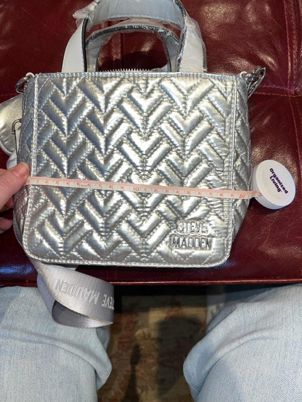 Steve Madden Metallic Silver Quilted Mini Tote with Logo Strap - Picture 7 of 7